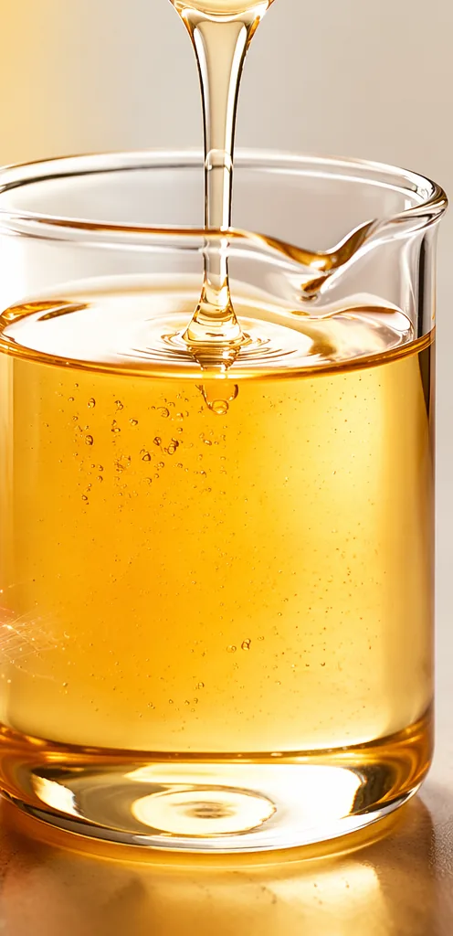 Clear amber glucose syrup being poured into a glass beaker