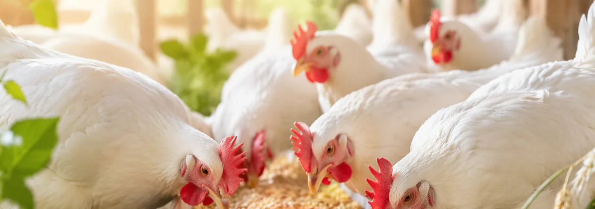 Broiler chickens feeding from a trough of grain-based feed